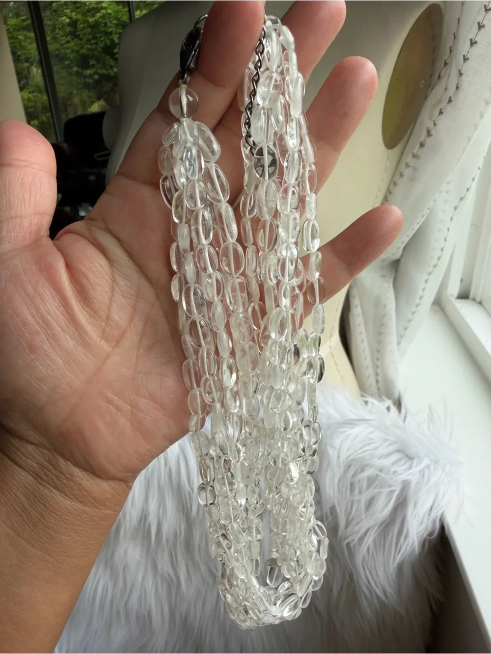 Rock Crytal Semi-Precious Clear Beads Multi-Strand Necklace 925 Sterling Silver